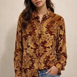 Vintage Soft Surroundings Women's Button Down Top Brown and Gold Paisley Velvet